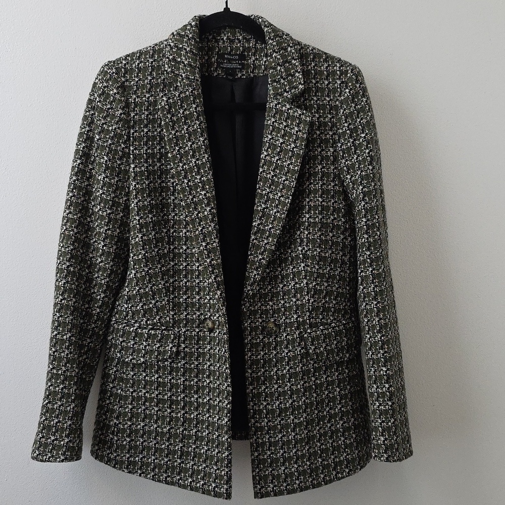 RW&CO. tweed cotton and wool blend houndstooth open front blazer